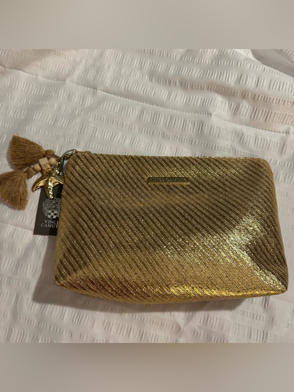 Vince Camuto Gold Metallic Makeup Pouch Clutch Bag NWT Starfish Tassel